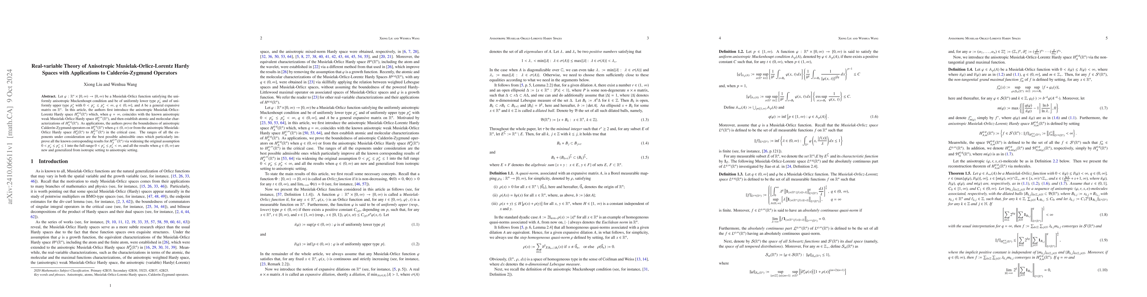Thumbnail for Real-variable Theory of Anisotropic Musielak-Orlicz-Lorentz Hardy Spaces
  with Applications to Calderón-Zygmund Operators