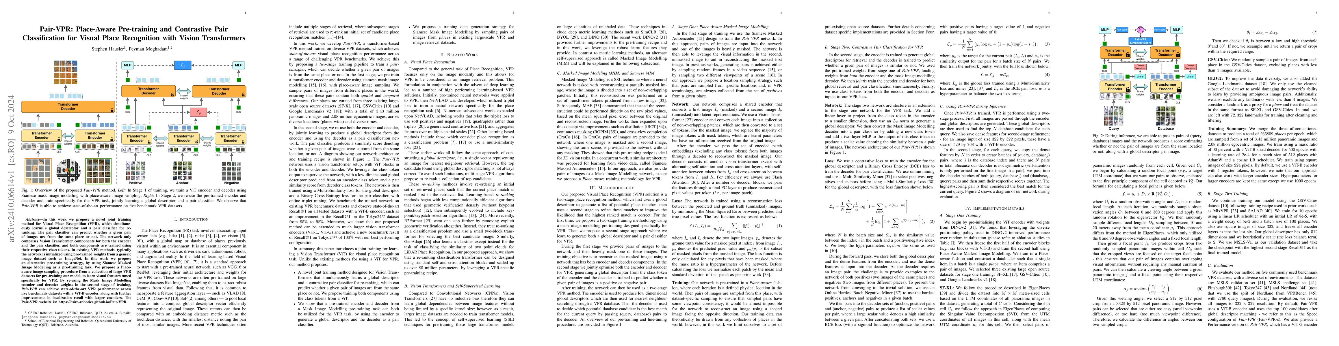Thumbnail for Pair-VPR: Place-Aware Pre-training and Contrastive Pair Classification
  for Visual Place Recognition with Vision Transformers