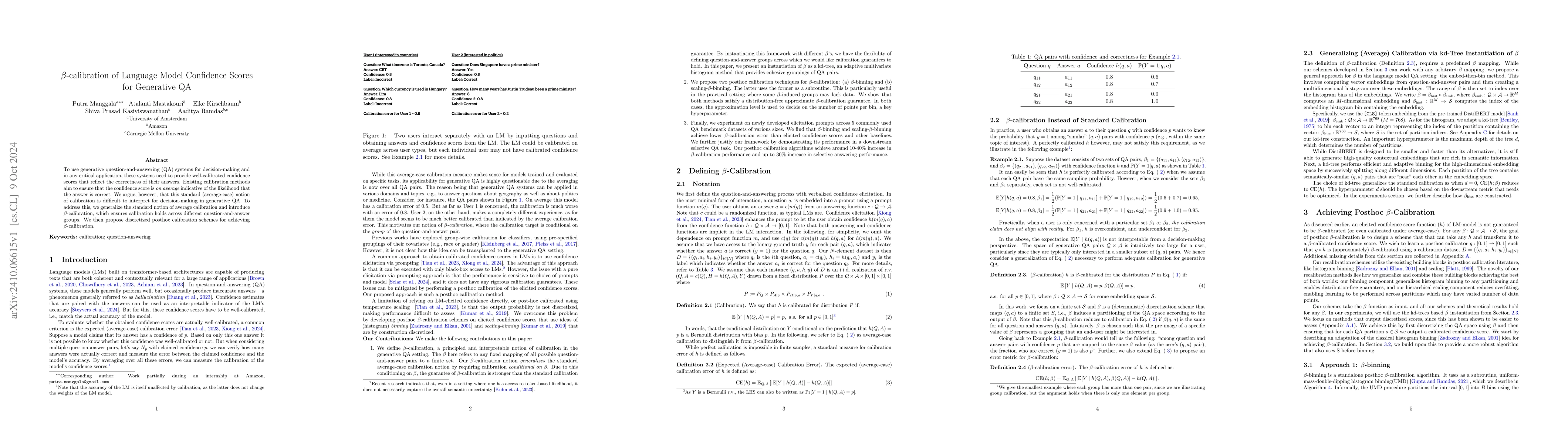 Thumbnail for $β$-calibration of Language Model Confidence Scores for Generative
  QA