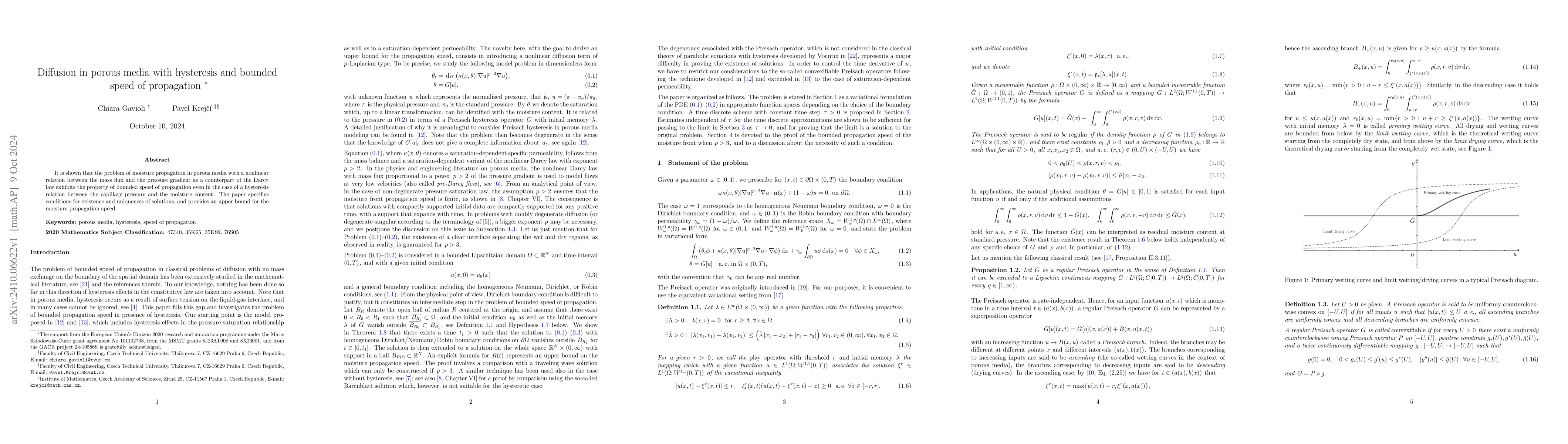 Thumbnail for Diffusion in porous media with hysteresis and bounded speed of
  propagation