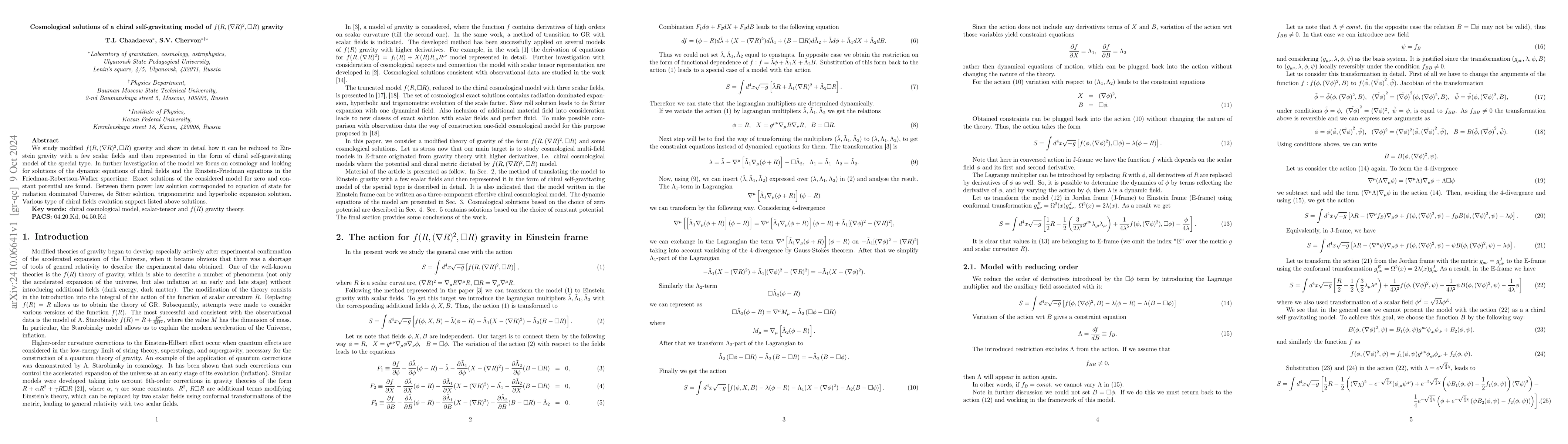 Thumbnail for Cosmological solutions of a chiral self-gravitating model of
  $f(R,(\nabla R)^2,\square R)$ gravity