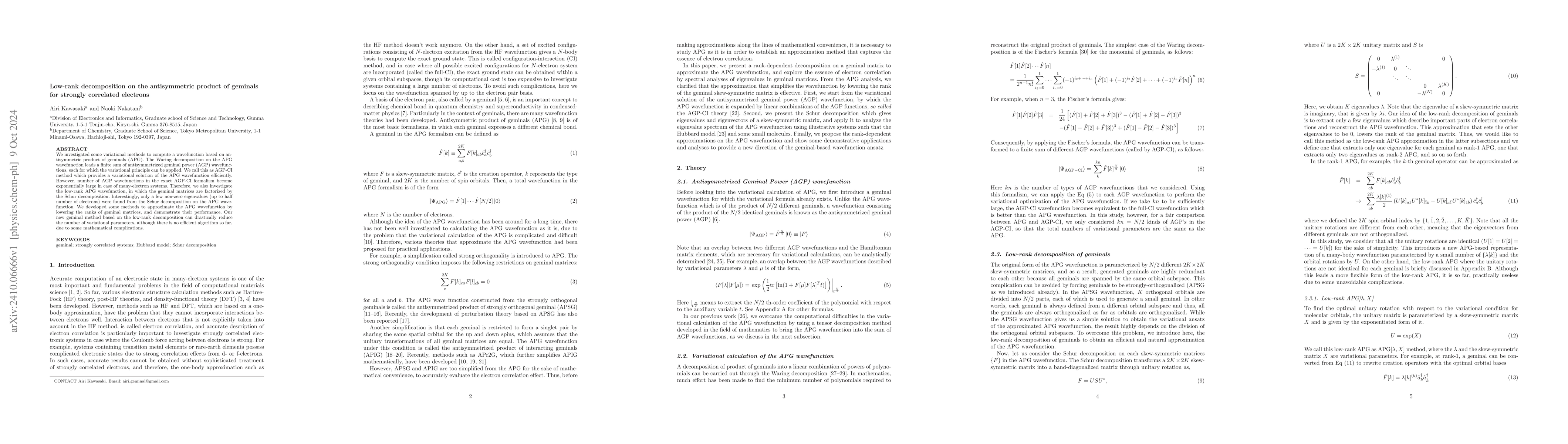Thumbnail for Low-rank decomposition on the antisymmetric product of geminals for
  strongly correlated electrons