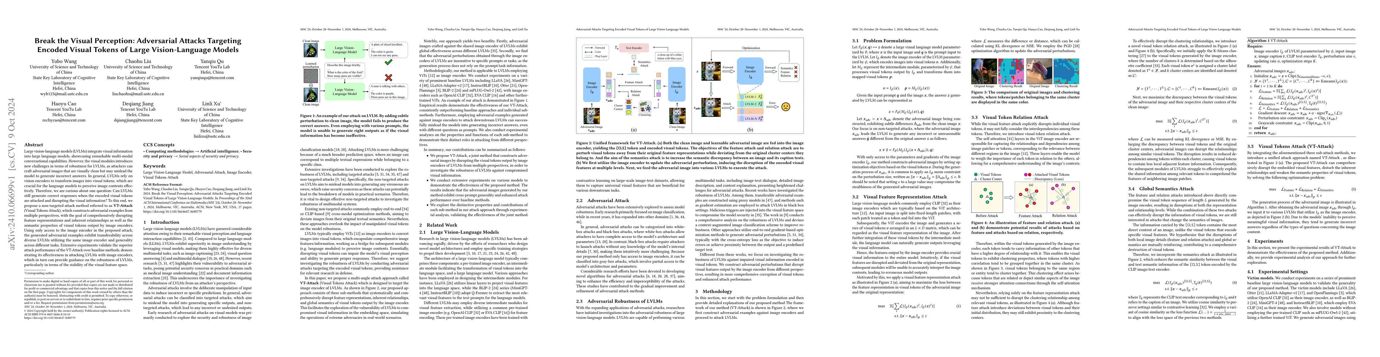 Thumbnail for Break the Visual Perception: Adversarial Attacks Targeting Encoded
  Visual Tokens of Large Vision-Language Models