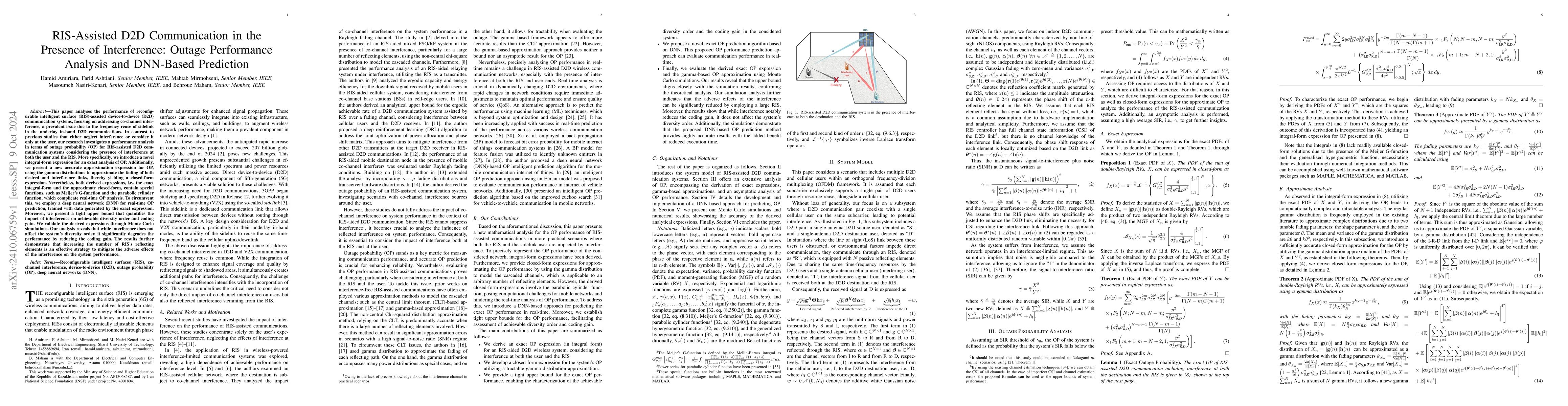 Thumbnail for RIS-Assisted D2D Communication in the Presence of Interference: Outage
  Performance Analysis and DNN-Based Prediction