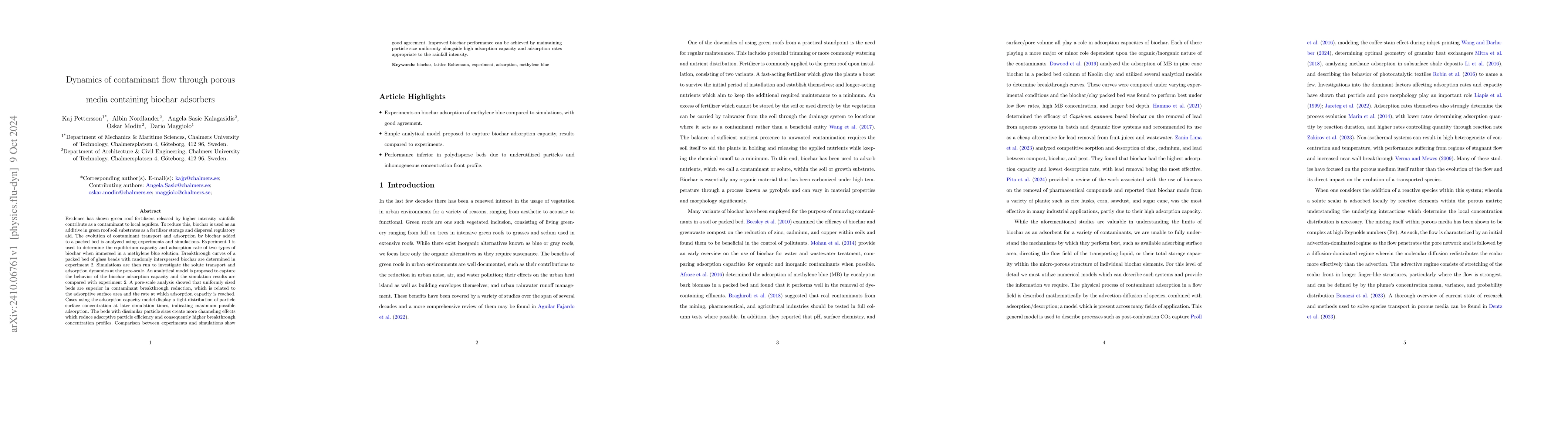 Thumbnail for Dynamics of contaminant flow through porous media containing biochar
  adsorbers