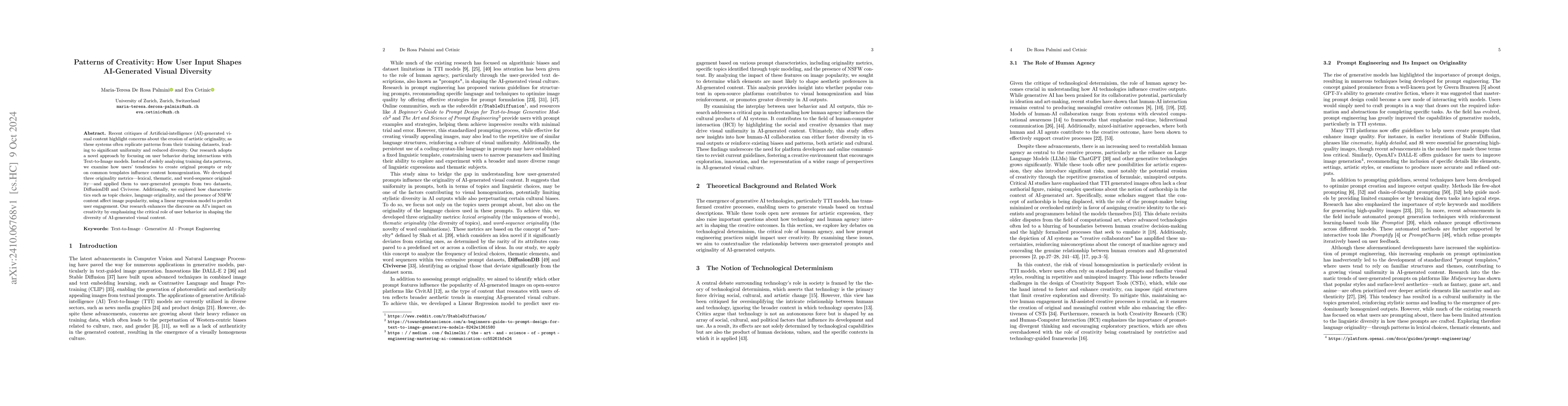 Thumbnail for Patterns of Creativity: How User Input Shapes AI-Generated Visual
  Diversity