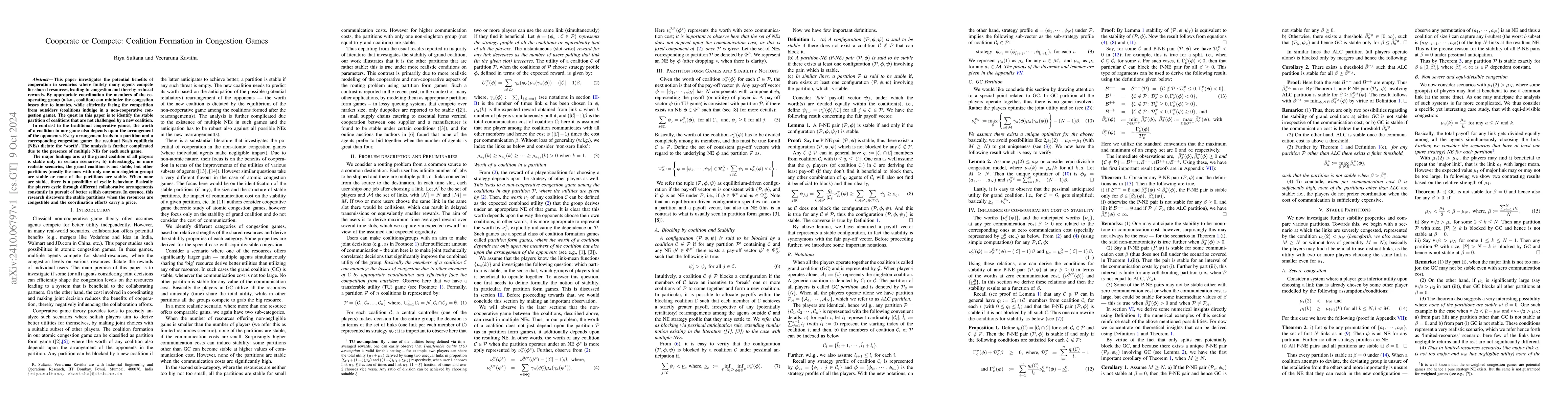 Thumbnail for Cooperate or Compete: Coalition Formation in Congestion Games