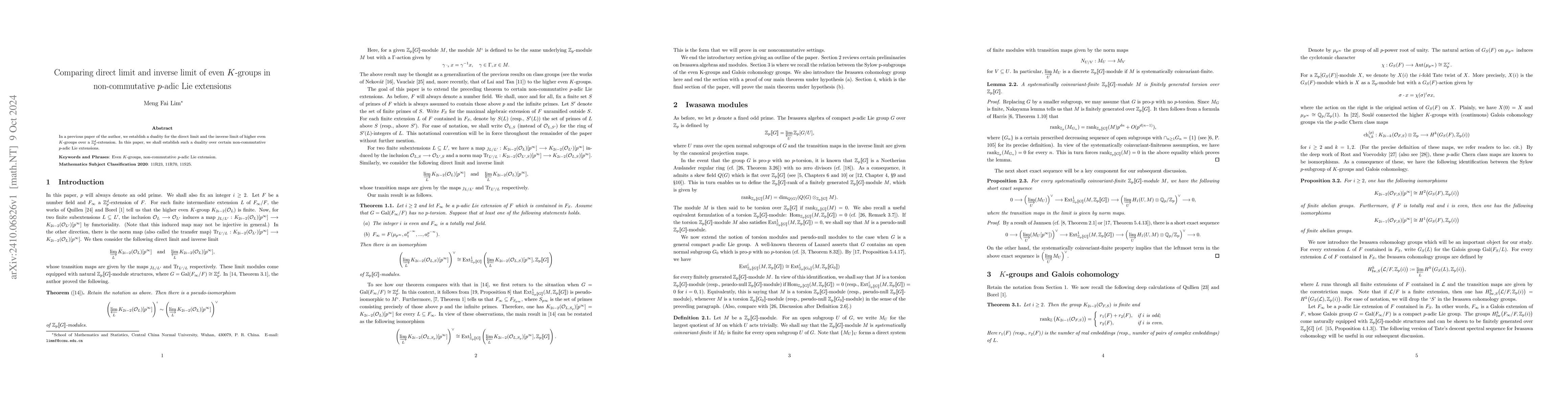 Thumbnail for Comparing direct limit and inverse limit of even $K$-groups in
  non-commutative $p$-adic Lie extensions