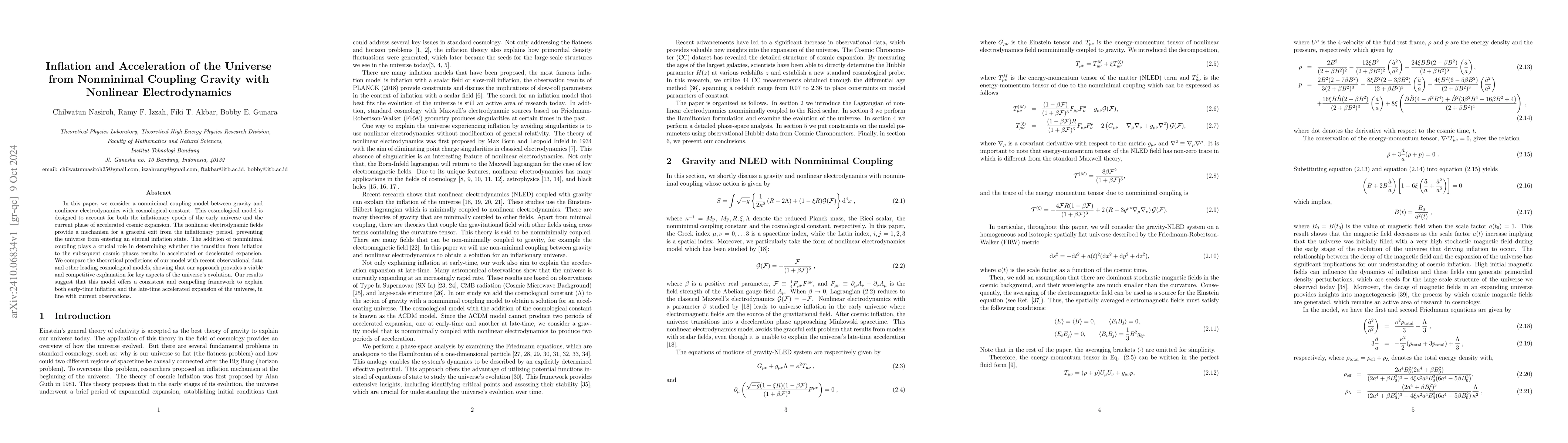 Thumbnail for Inflation and Acceleration of the Universe from Nonminimal Coupling
  Gravity with Nonlinear Electrodynamics