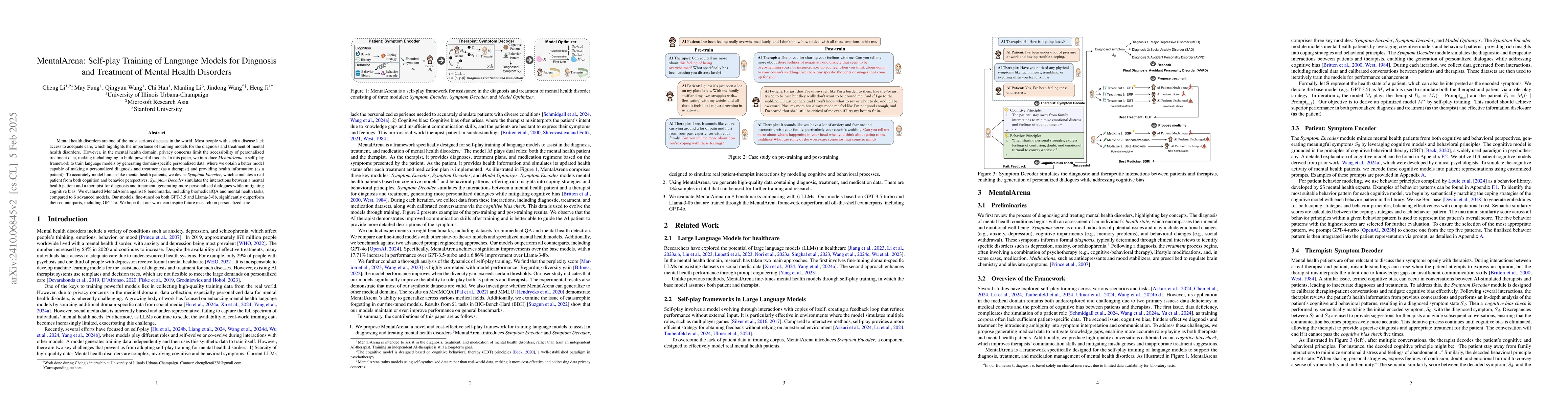 Thumbnail for MentalArena: Self-play Training of Language Models for Diagnosis and
  Treatment of Mental Health Disorders