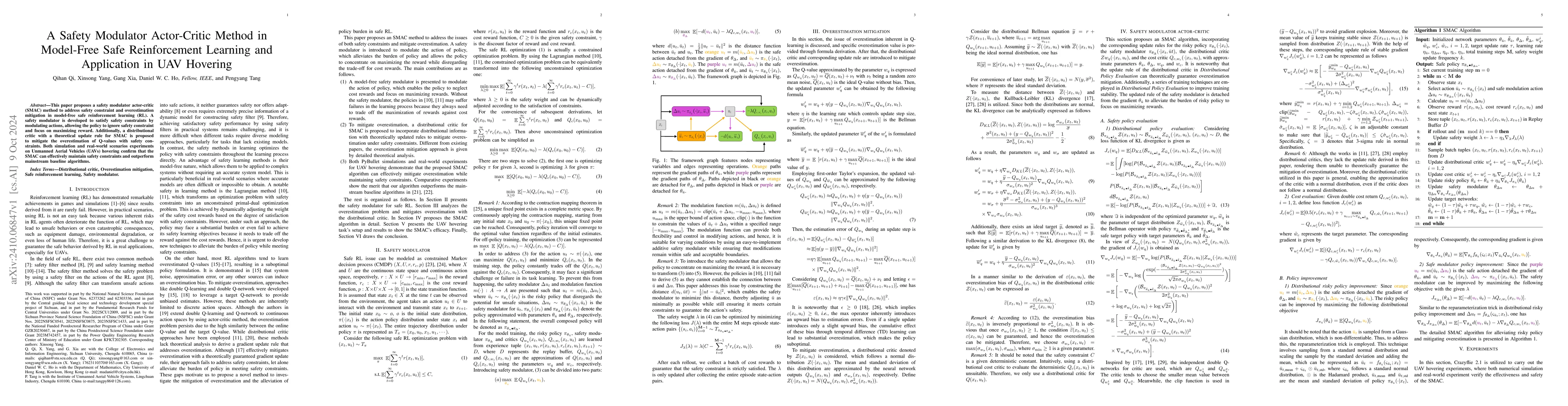 Thumbnail for A Safety Modulator Actor-Critic Method in Model-Free Safe Reinforcement
  Learning and Application in UAV Hovering