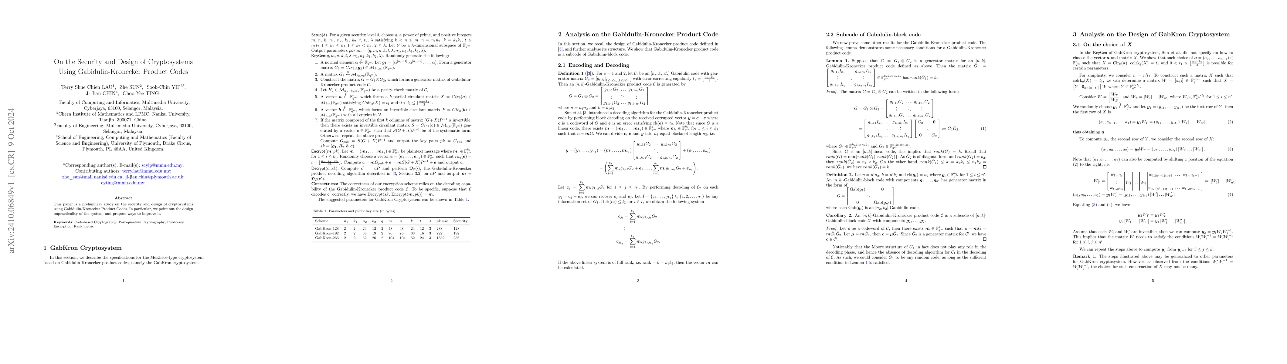 Thumbnail for On the Security and Design of Cryptosystems Using Gabidulin-Kronecker
  Product Codes