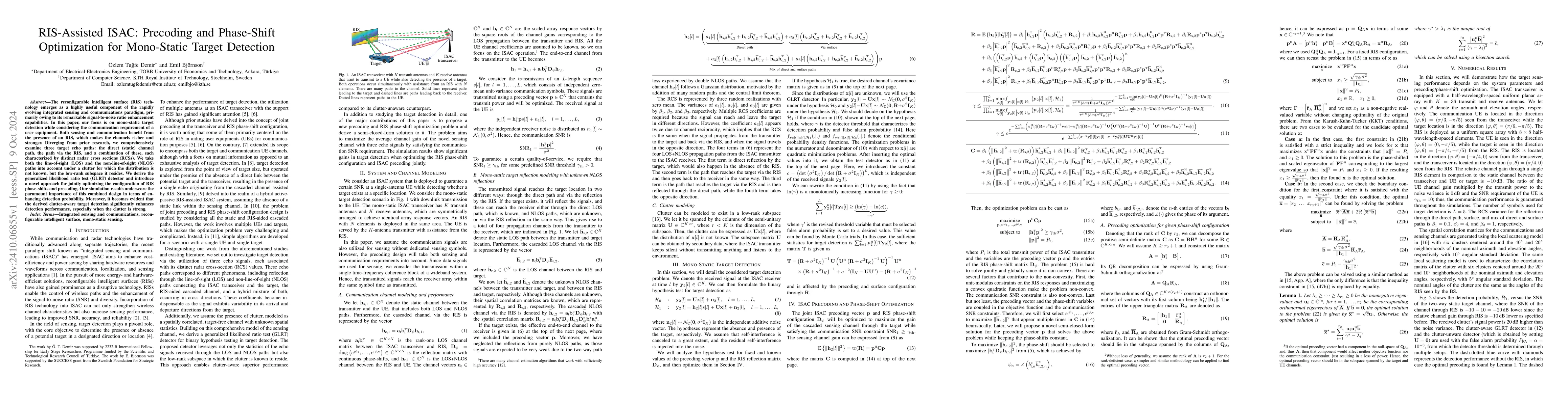 Thumbnail for RIS-Assisted ISAC: Precoding and Phase-Shift Optimization for
  Mono-Static Target Detection
