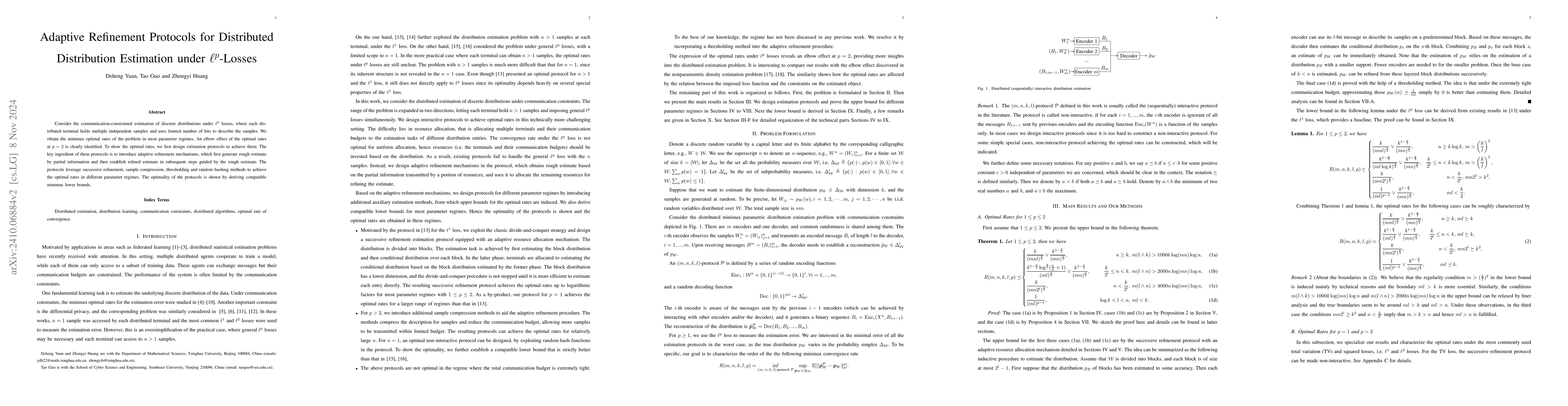 Thumbnail for Adaptive Refinement Protocols for Distributed Distribution Estimation
  under $\ell^p$-Losses