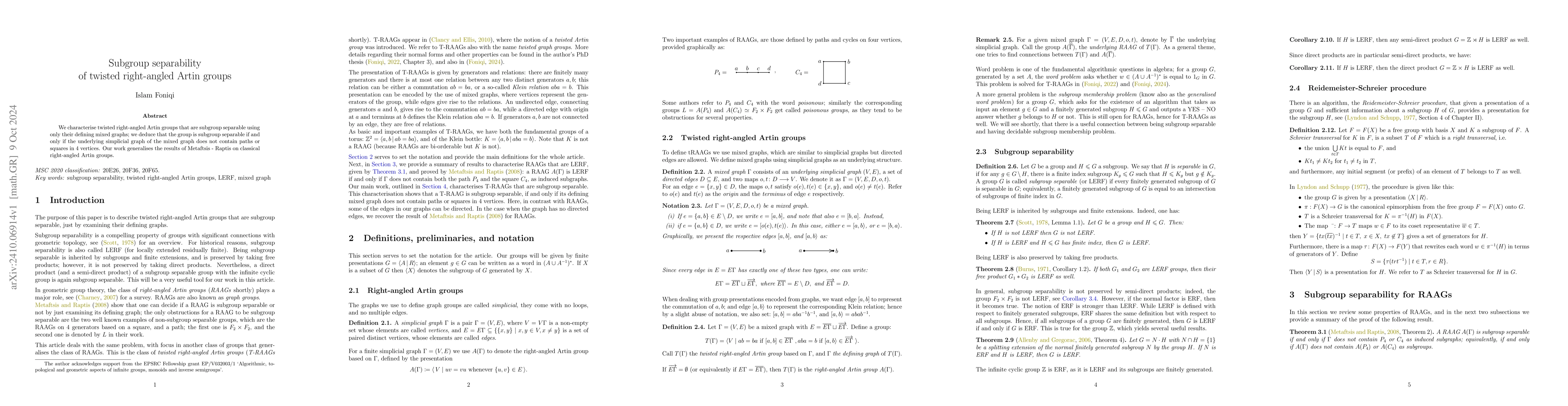 Thumbnail for Subgroup separability of twisted right-angled Artin groups