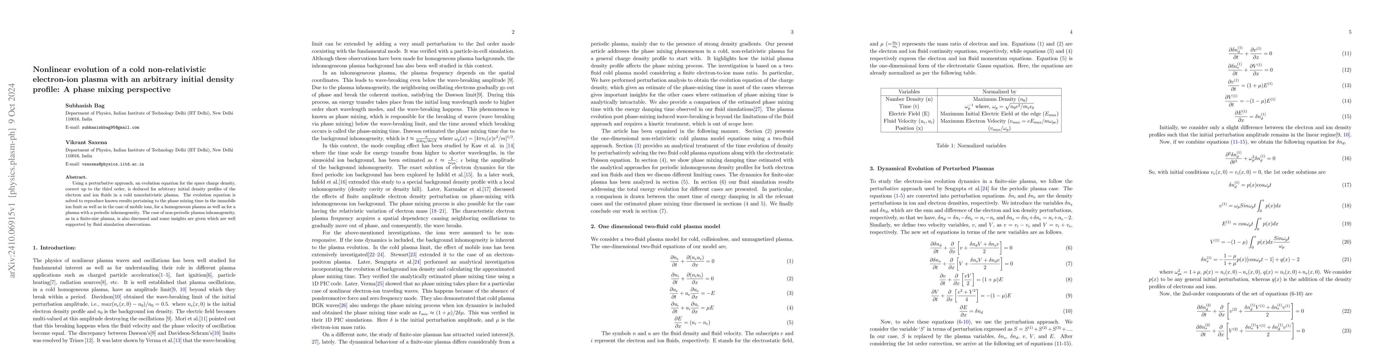 Thumbnail for Nonlinear evolution of a cold non-relativistic electron-ion plasma with
  an arbitrary initial density profile: A phase mixing perspective