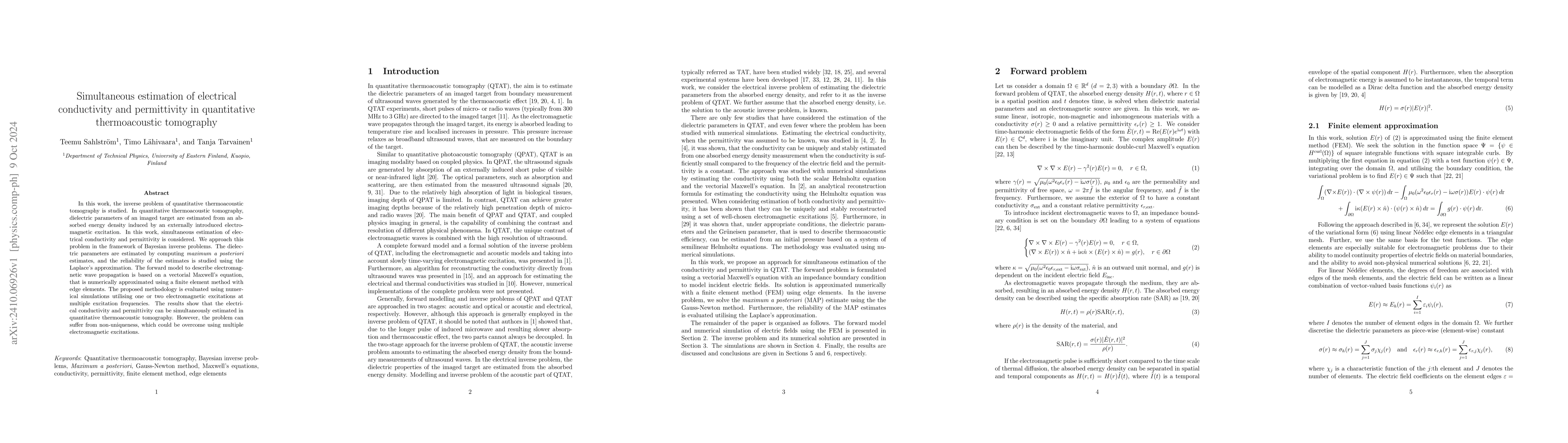 Thumbnail for Simultaneous estimation of electrical conductivity and permittivity in
  quantitative thermoacoustic tomography
