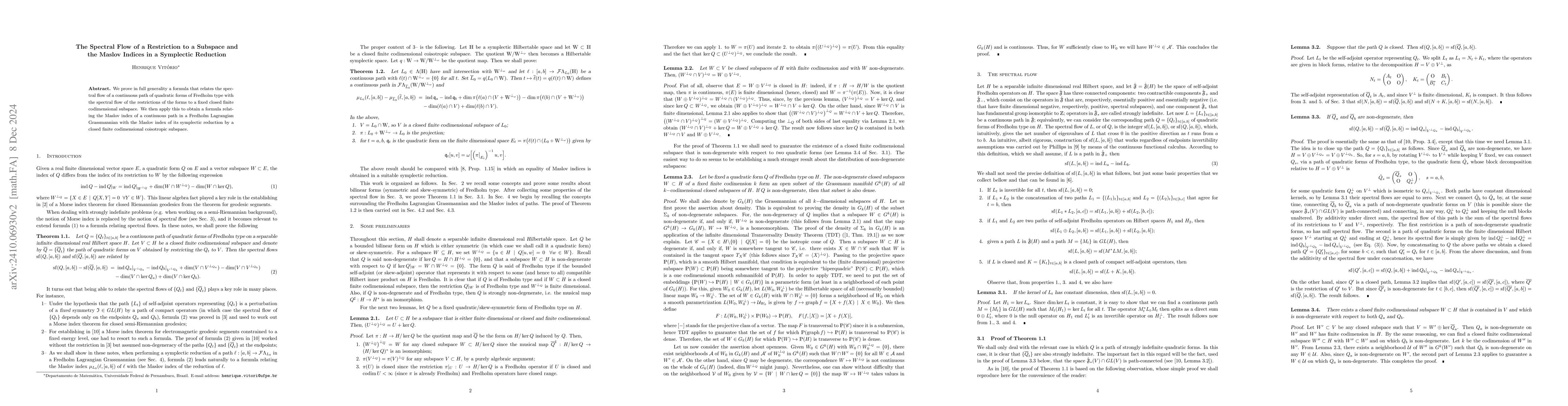 Thumbnail for The Spectral Flow of a Restriction to a Subspace and the Maslov Indices
  in a Symplectic Reduction