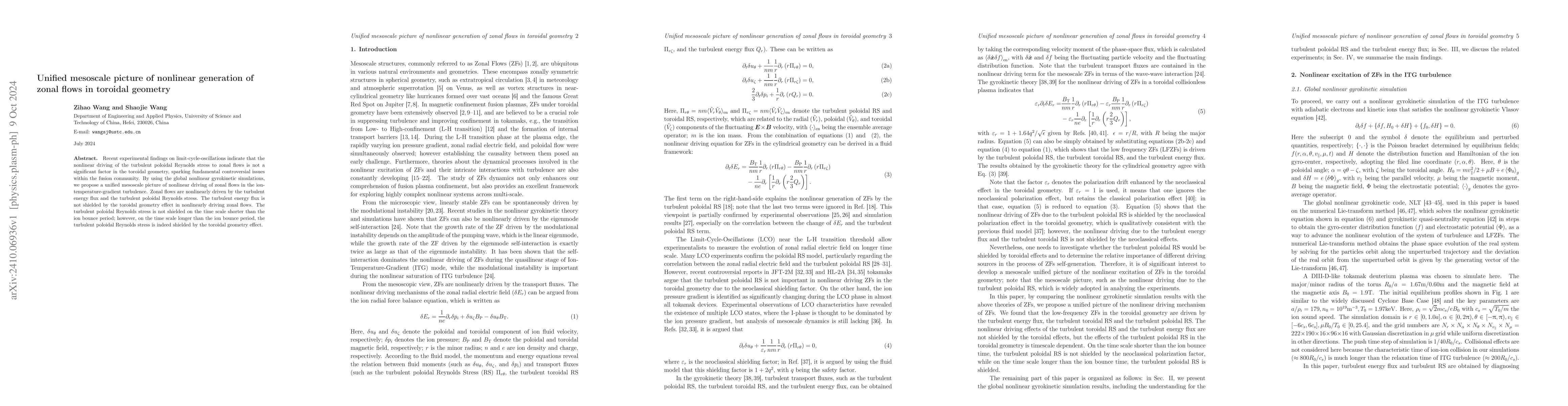 Thumbnail for Unified mesoscale picture of nonlinear generation of zonal flows in
  toroidal geometry