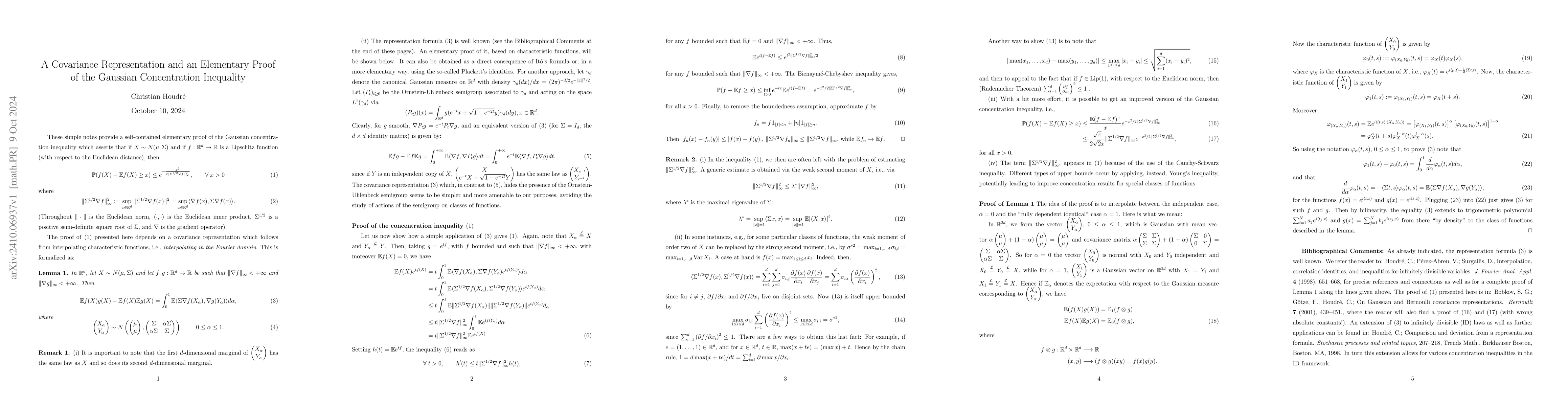 Thumbnail for A covariance representation and an elementary proof of the Gaussian
  concentration inequality