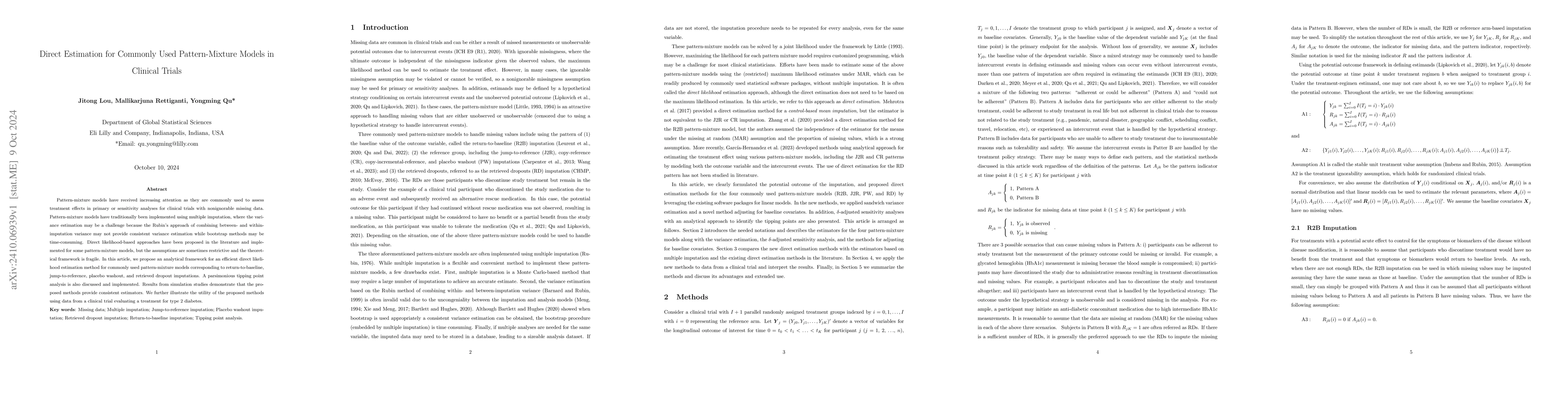 Thumbnail for Direct Estimation for Commonly Used Pattern-Mixture Models in Clinical
  Trials