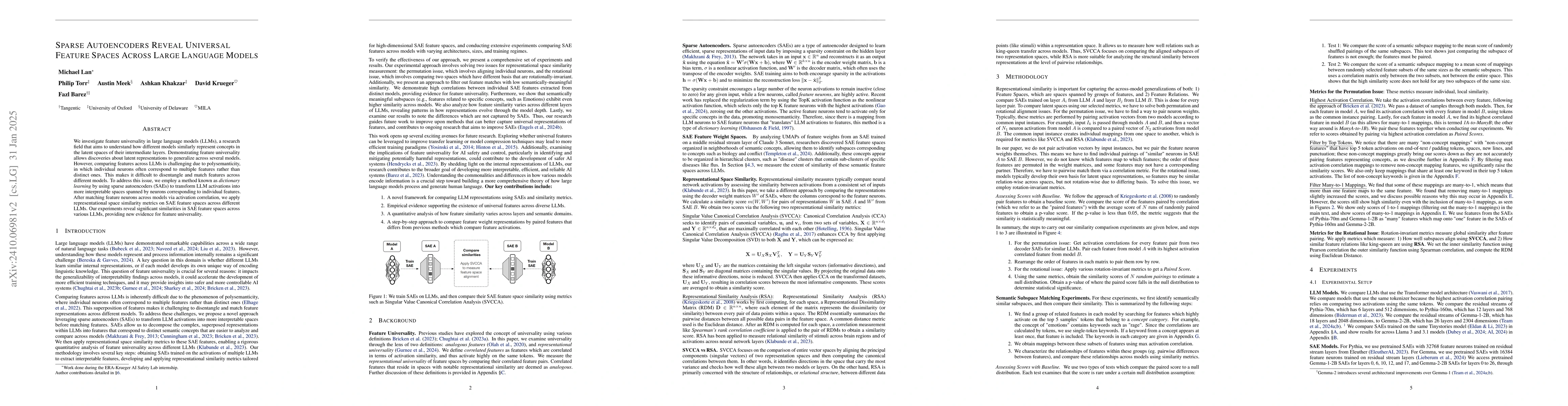 Thumbnail for Sparse Autoencoders Reveal Universal Feature Spaces Across Large
  Language Models