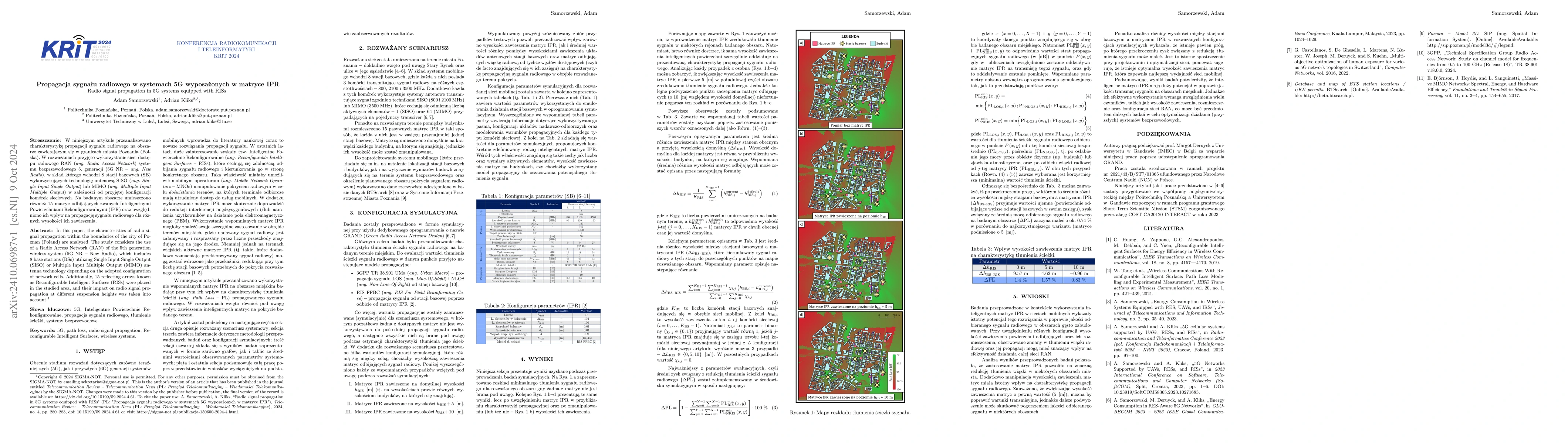 Thumbnail for Radio signal propagation in 5G systems equipped with RISs (PL:
  Propagacja sygnału radiowego w systemach 5G wyposażonych w matryce IPR)