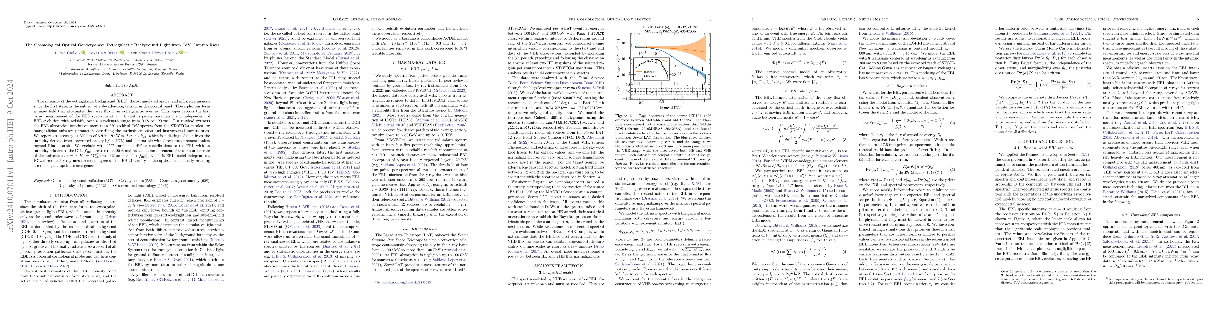 Thumbnail for The Cosmological Optical Convergence: Extragalactic Background Light
  from TeV Gamma Rays