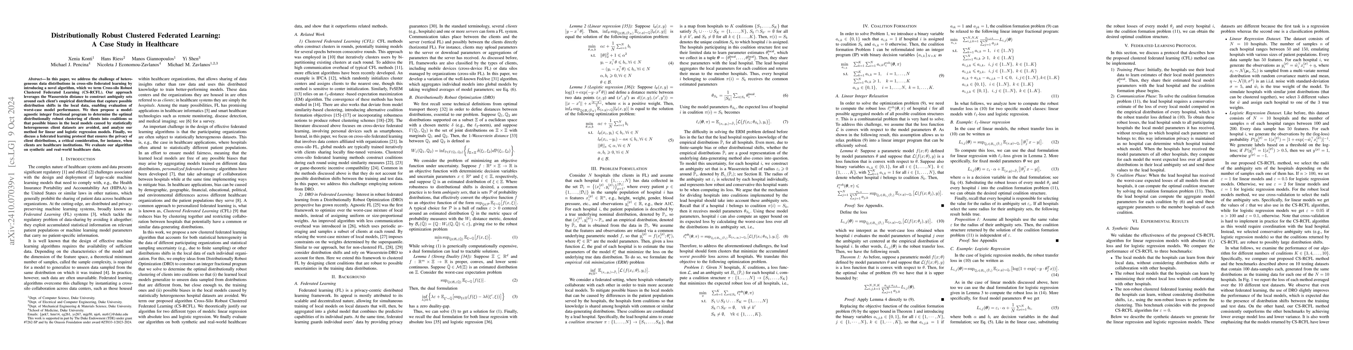 Thumbnail for Distributionally Robust Clustered Federated Learning: A Case Study in
  Healthcare