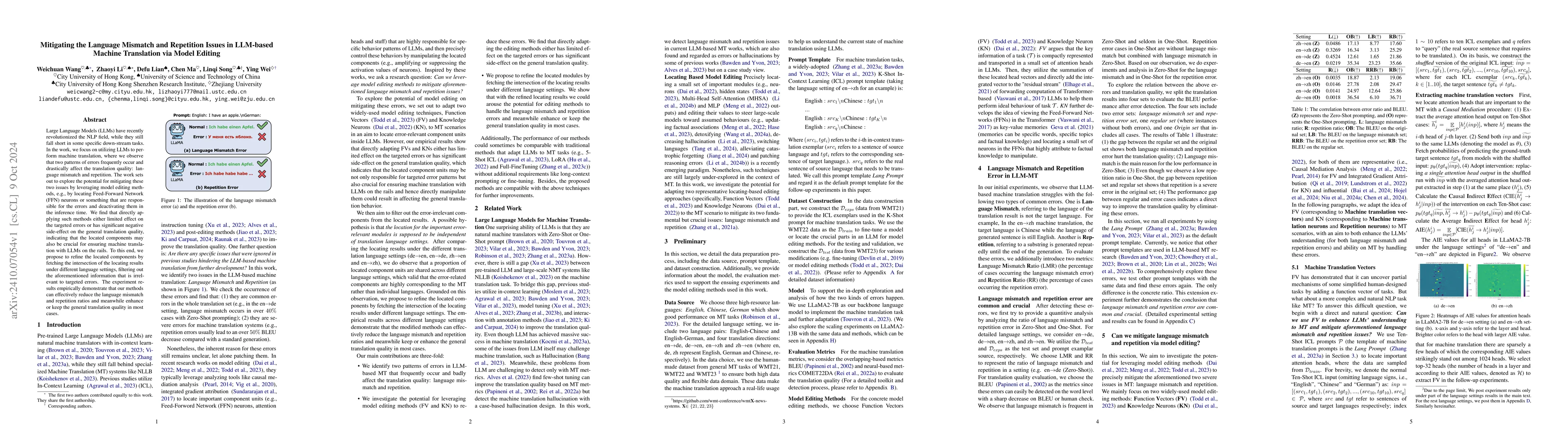 Thumbnail for Mitigating the Language Mismatch and Repetition Issues in LLM-based
  Machine Translation via Model Editing