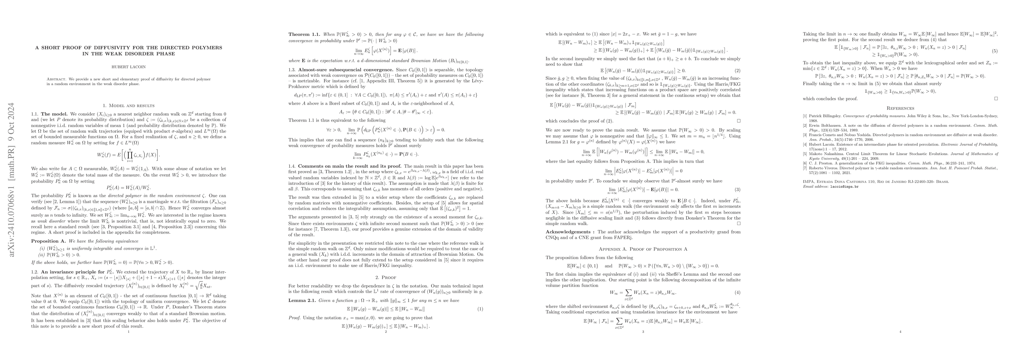 Thumbnail for A short proof of diffusivity for the directed polymers in the weak
  disorder phase
