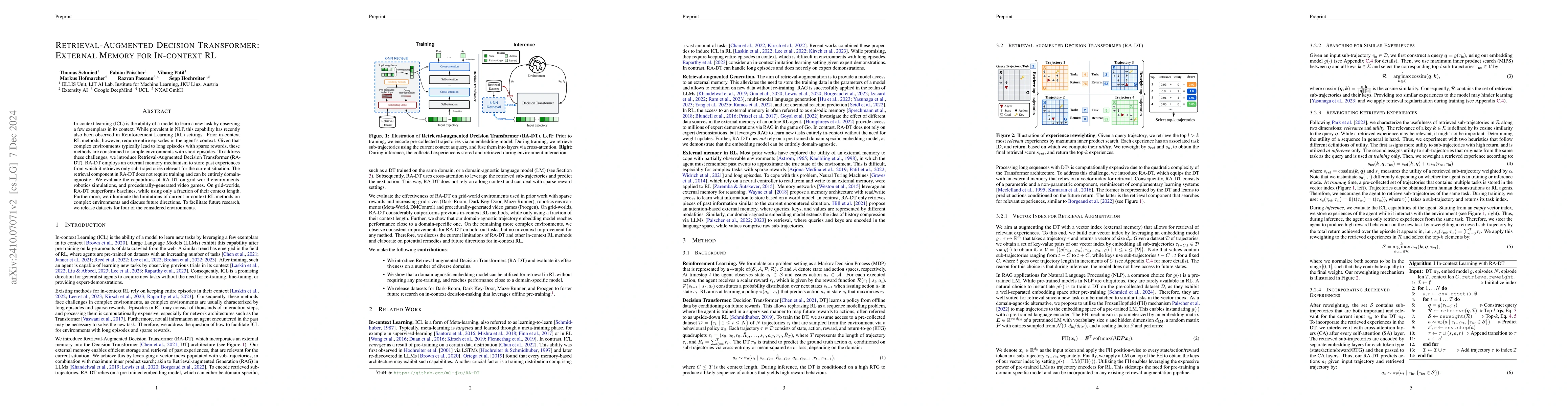 Thumbnail for Retrieval-Augmented Decision Transformer: External Memory for In-context
  RL