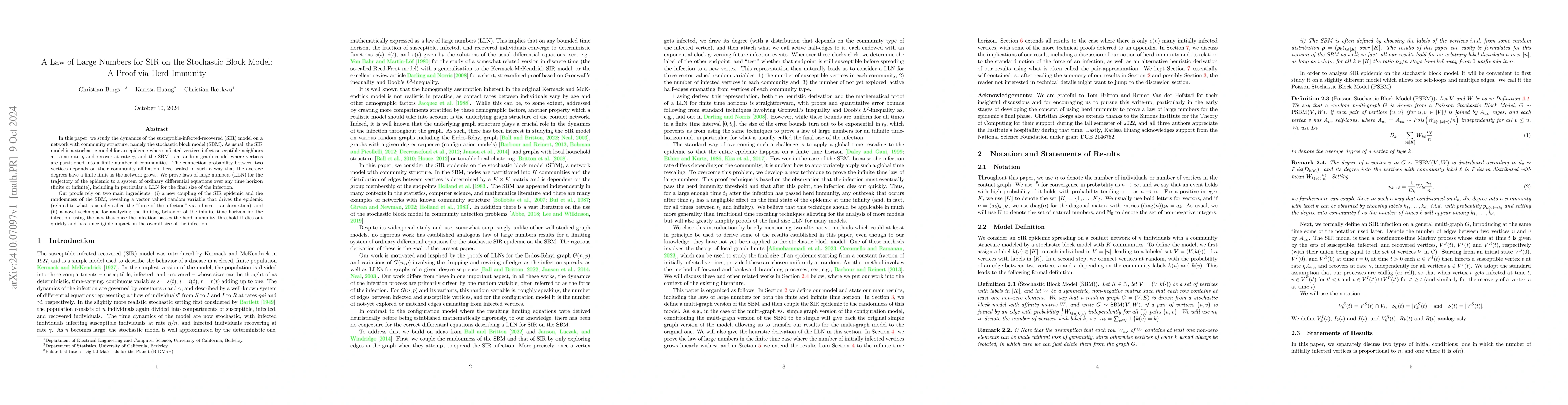 Thumbnail for A Law of Large Numbers for SIR on the Stochastic Block Model: A Proof
  via Herd Immunity