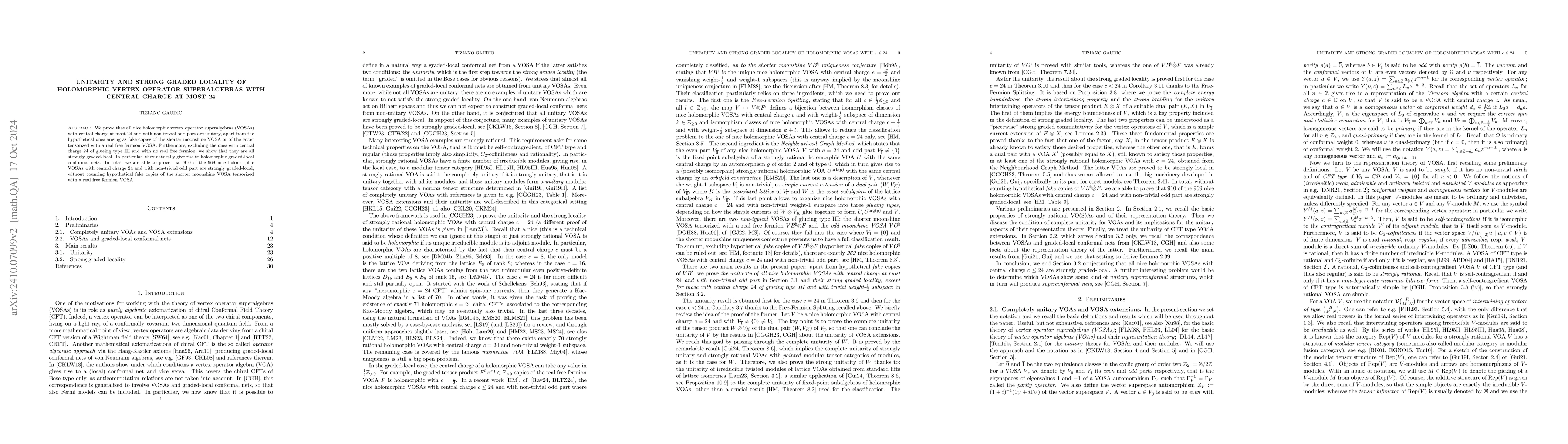 Thumbnail for Unitarity and strong graded locality of holomorphic vertex operator
  superalgebras with central charge at most 24
