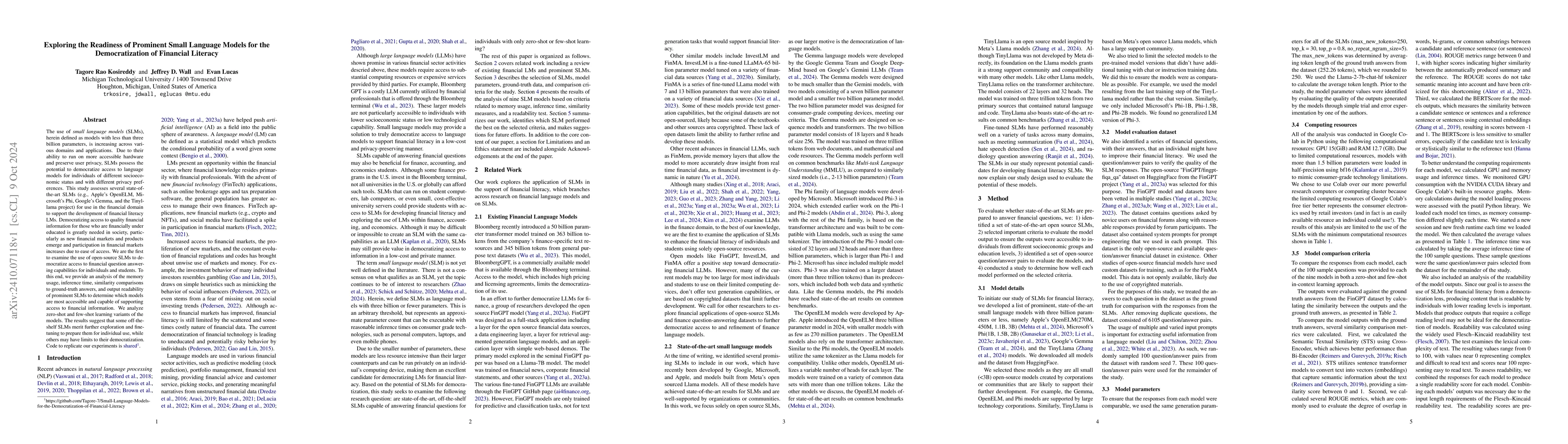 Thumbnail for Exploring the Readiness of Prominent Small Language Models for the
  Democratization of Financial Literacy