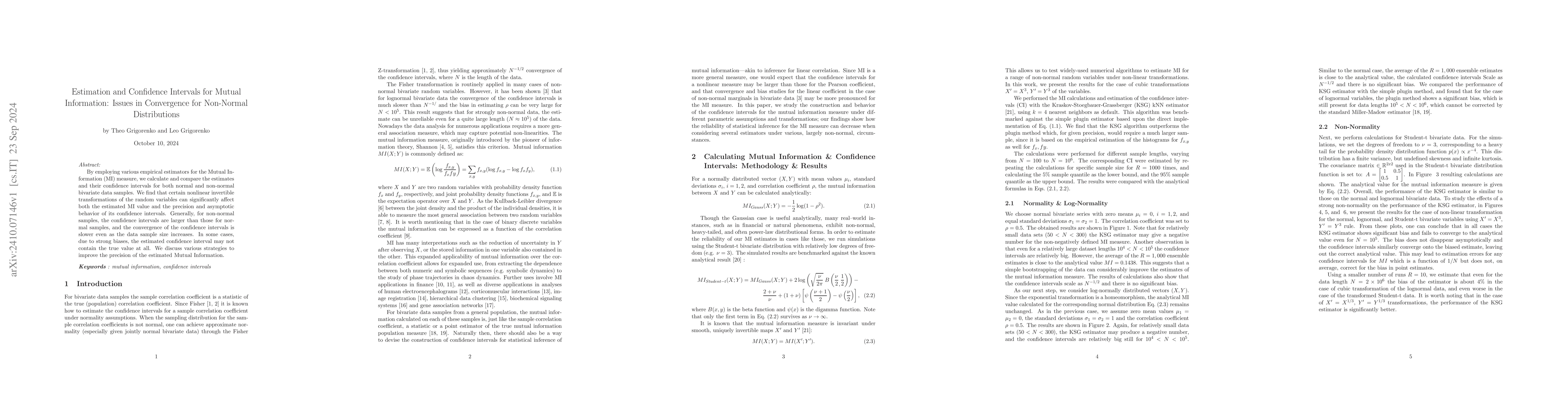 Thumbnail for Estimation and Confidence Intervals for Mutual Information: Issues in
  Convergence for Non-Normal Distributions