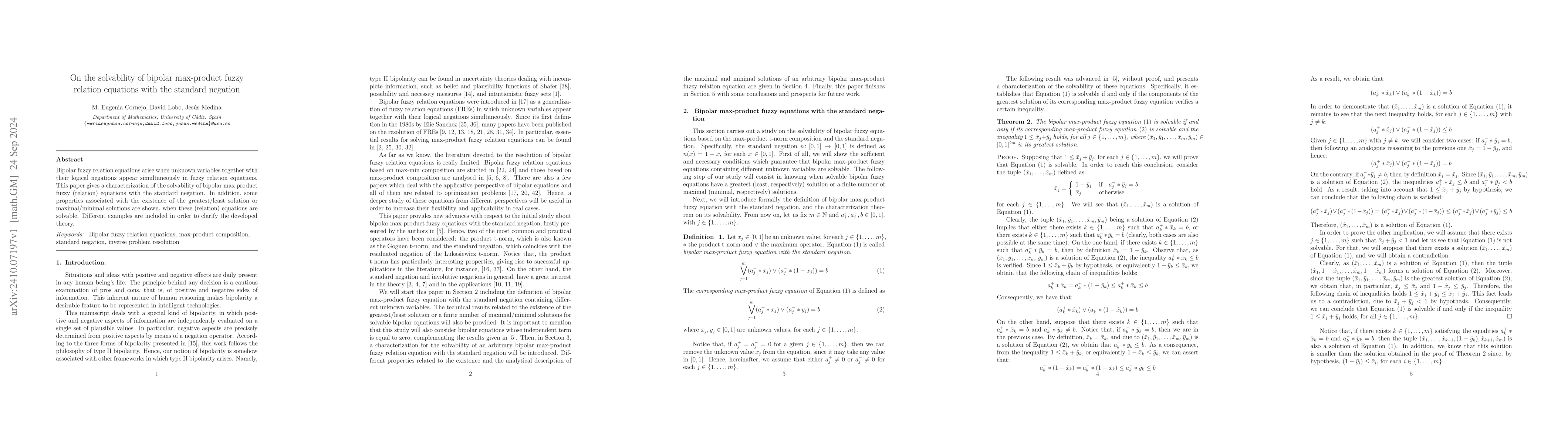 Thumbnail for On the solvability of bipolar max-product fuzzy relation equations with
  the standard negation