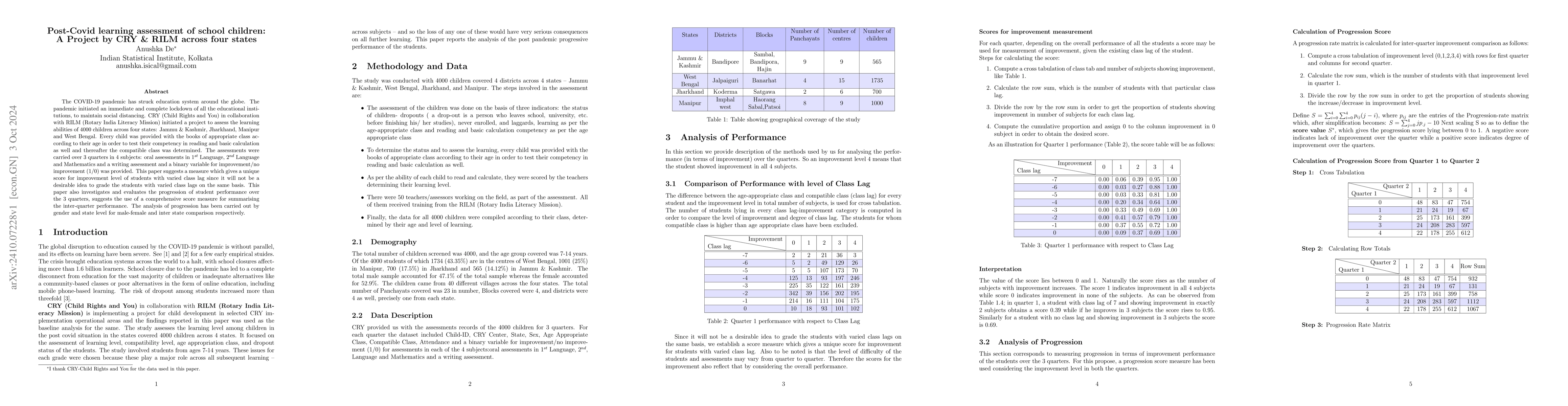 Thumbnail for Post-Covid learning assessment of school children: A Project by CRY &
  RILM across four states