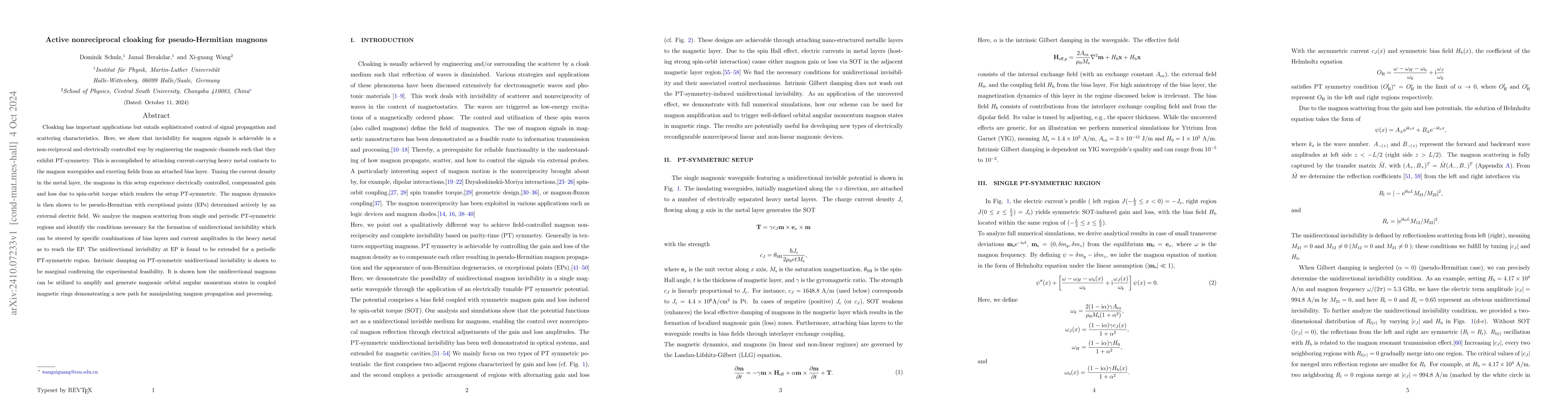 Thumbnail for Active nonreciprocal cloaking for pseudo-Hermitian magnons