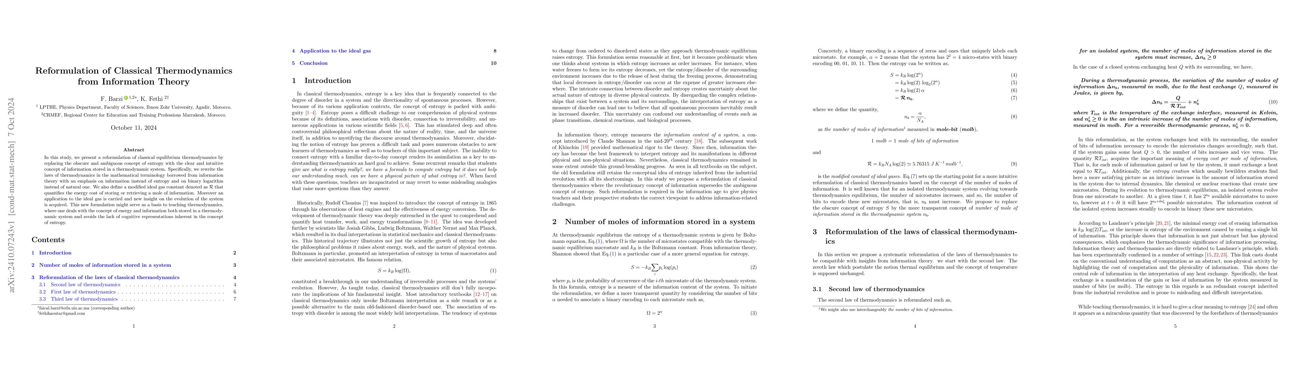 Thumbnail for Reformulation of Classical Thermodynamics from Information Theory