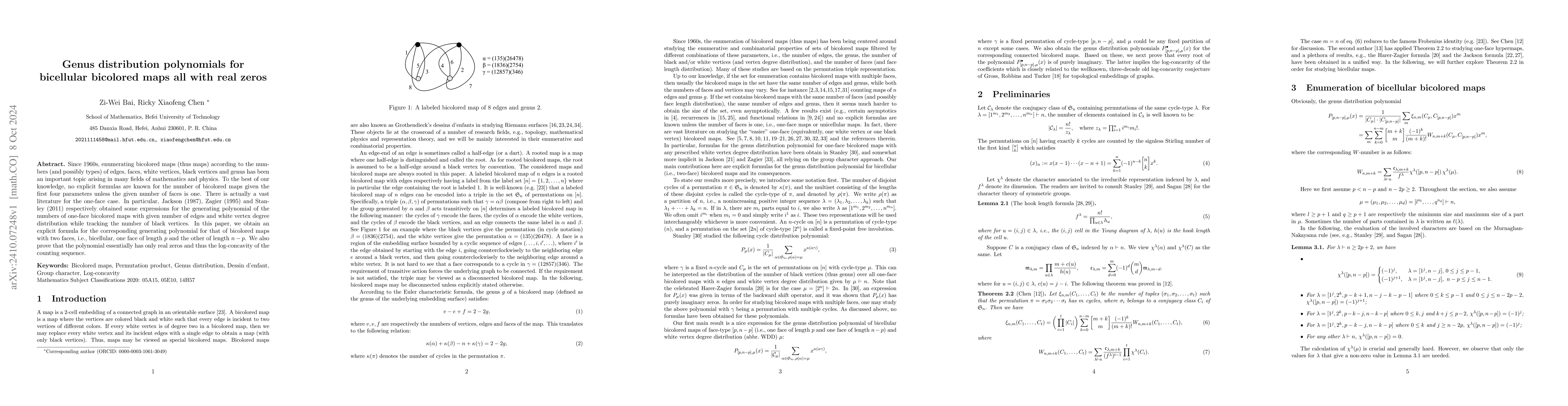 Thumbnail for Genus distribution polynomials for bicellular bicolored maps all with
  real zeros