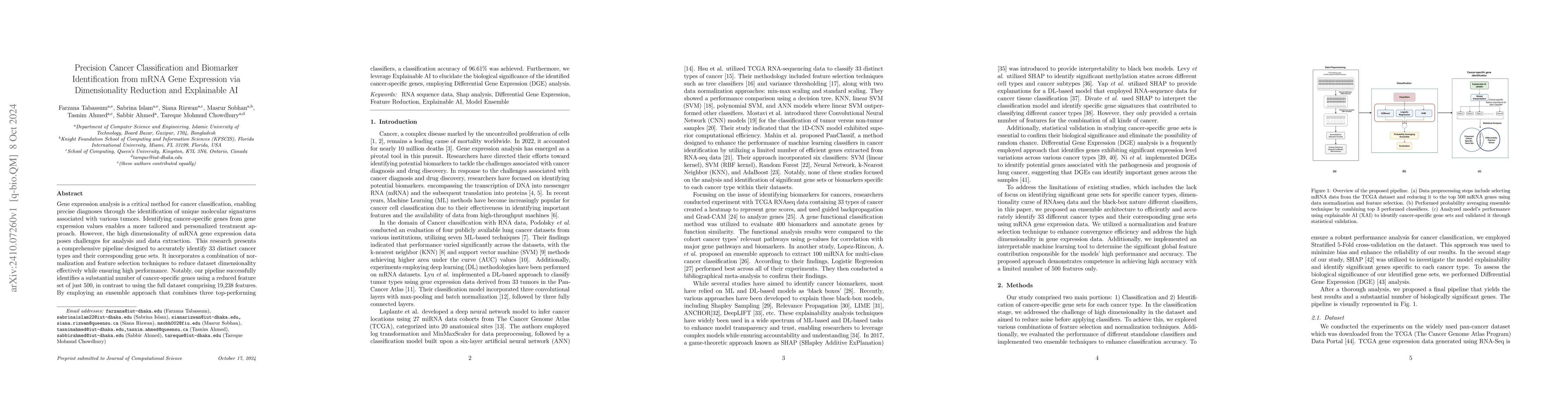 Thumbnail for Precision Cancer Classification and Biomarker Identification from mRNA
  Gene Expression via Dimensionality Reduction and Explainable AI