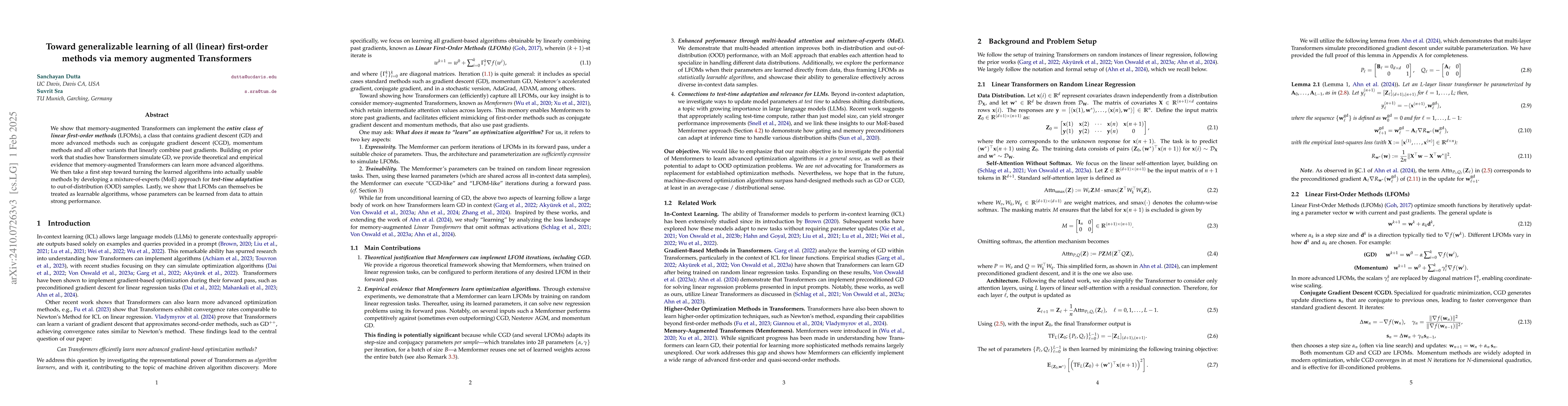 Thumbnail for Memory-augmented Transformers can implement Linear First-Order
  Optimization Methods