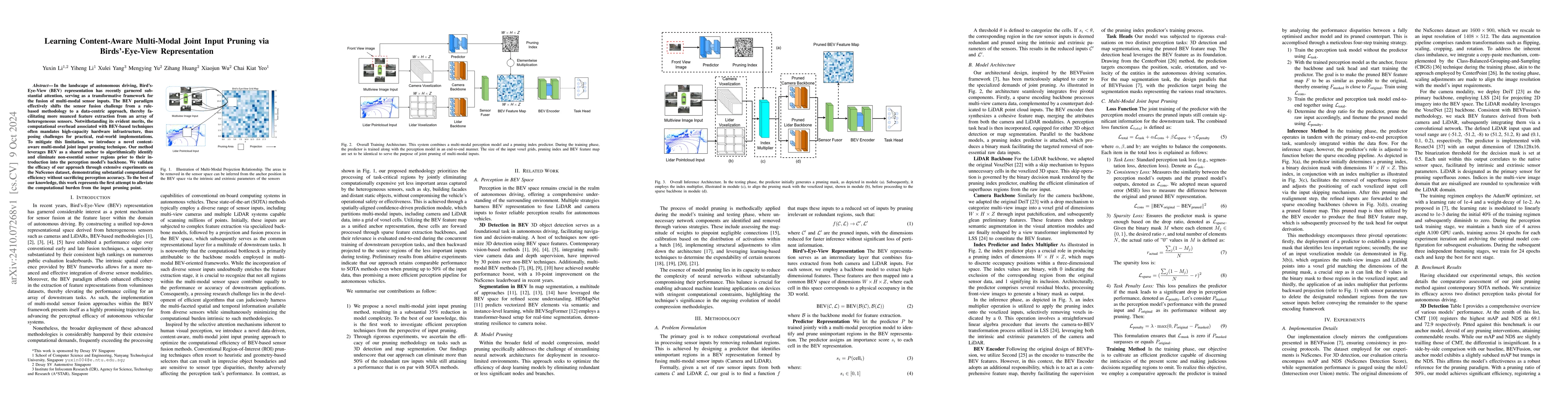 Thumbnail for Learning Content-Aware Multi-Modal Joint Input Pruning via
  Bird's-Eye-View Representation