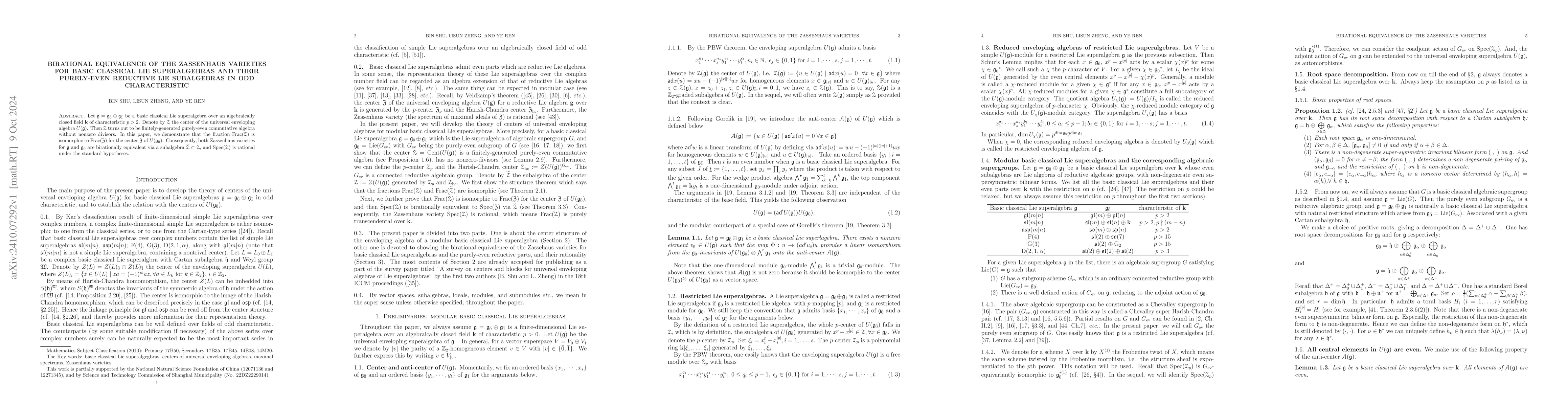 Thumbnail for Birational equivalence of the Zassenhaus varieties for basic classical
  Lie superalgebras and their purely-even reductive Lie subalgebras in odd
  characteristic