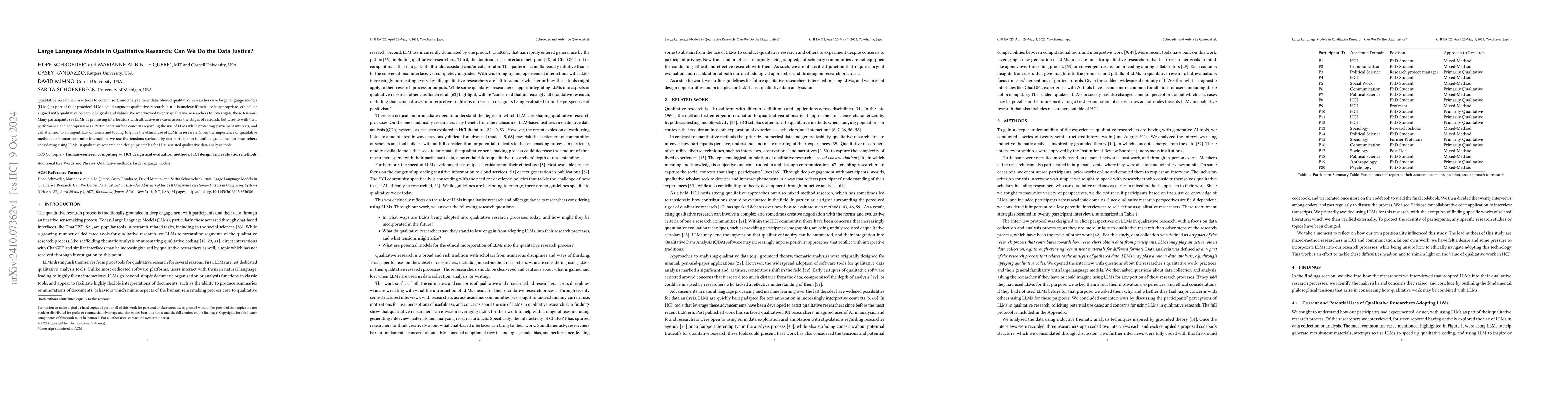 Thumbnail for Large Language Models in Qualitative Research: Can We Do the Data
  Justice?
