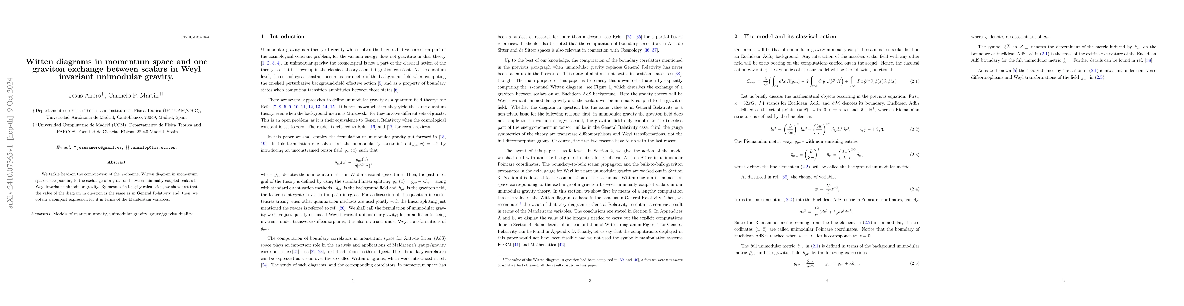 Thumbnail for Witten diagrams in momentum space and one graviton exchange between
  scalars in Weyl invariant unimodular gravity