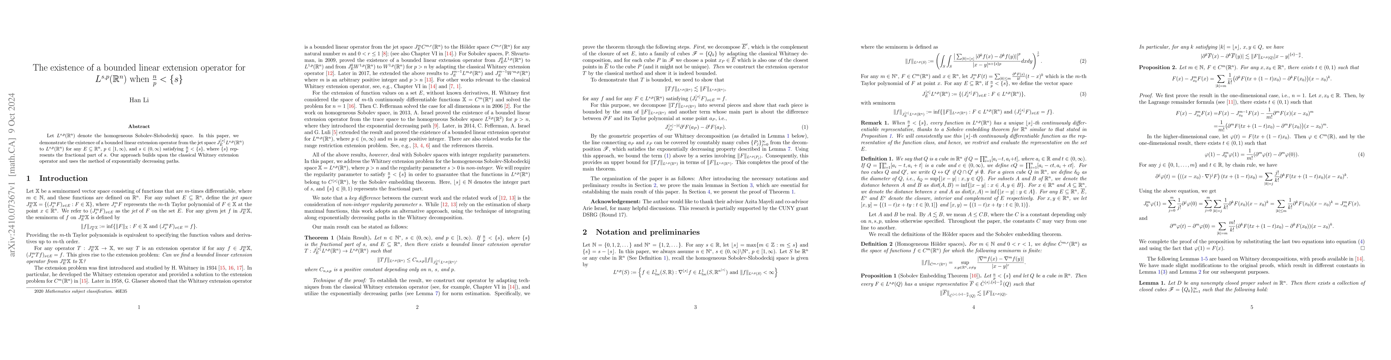 Thumbnail for The existence of a bounded linear extension operator for
  $L^{s,p}(\mathbb{R}^n)$ when $\frac{n}{p}<\{s\}$