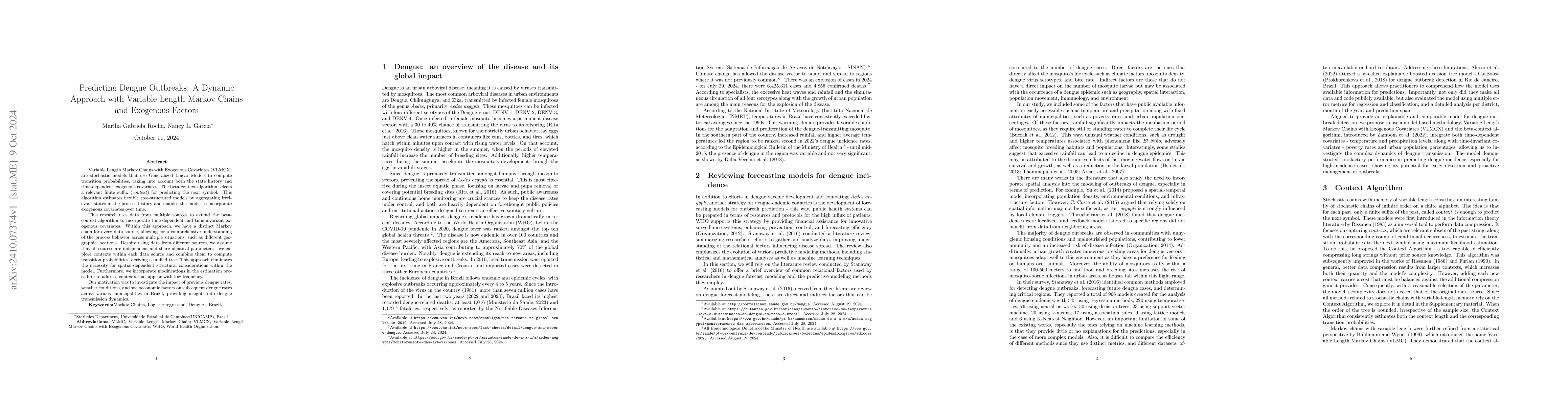 Thumbnail for Predicting Dengue Outbreaks: A Dynamic Approach with Variable Length
  Markov Chains and Exogenous Factors