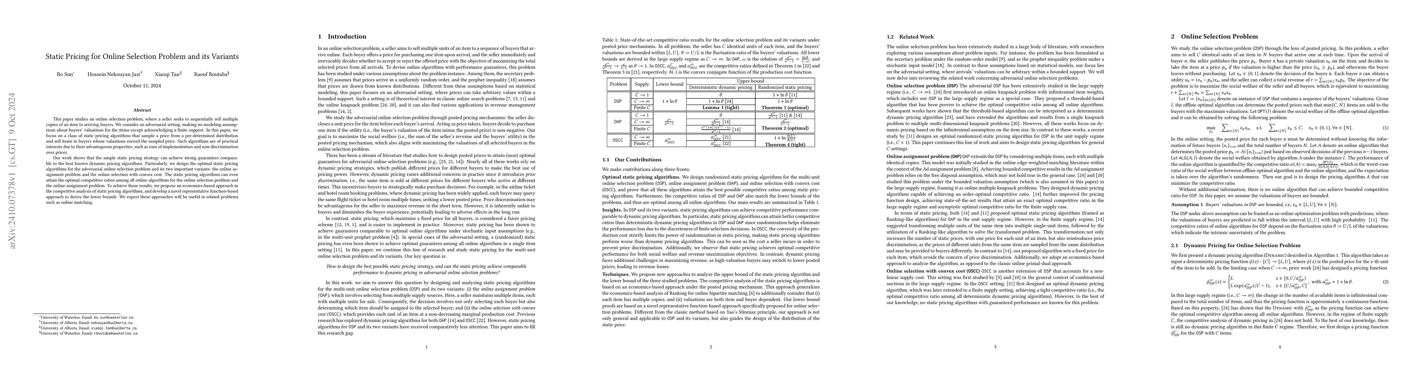 Thumbnail for Static Pricing for Online Selection Problem and its Variants